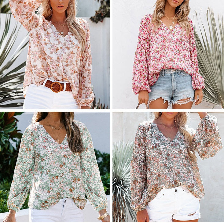 Lantern Sleeve Shirt Women Floral Print Chiffon Shirt