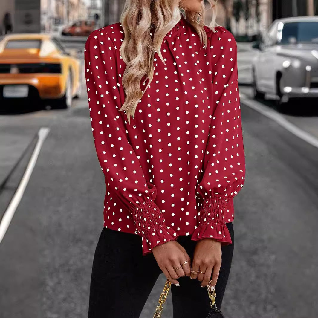 Polka Dot Printed Puff Sleeve Elegant Women's Shirt