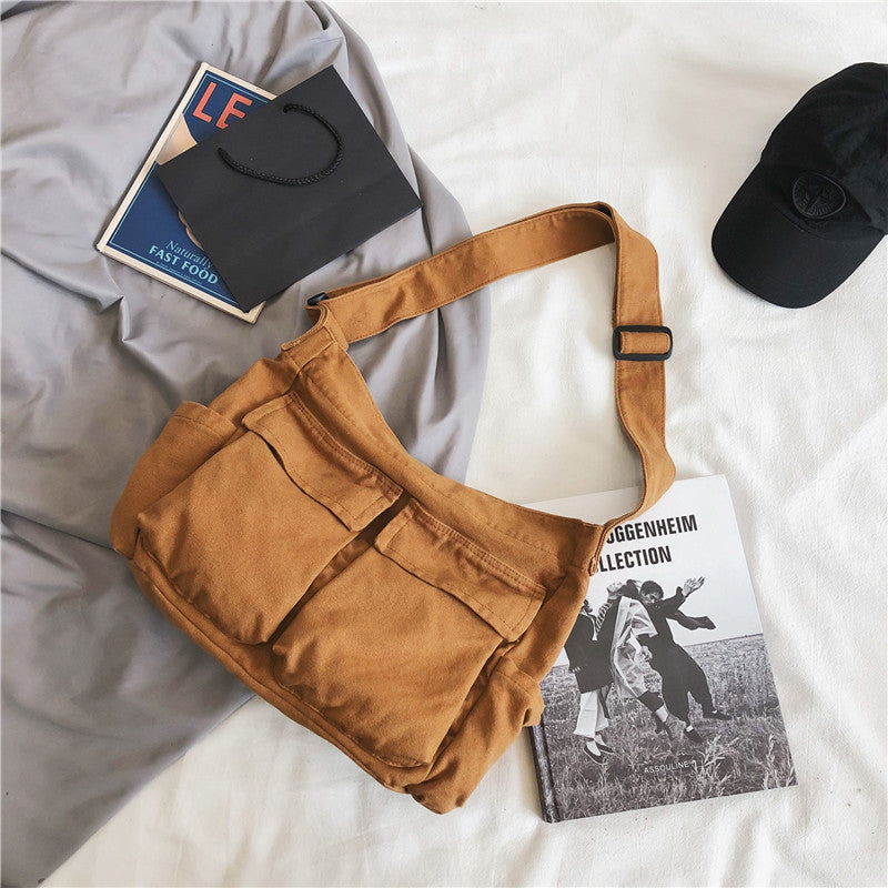 Men And Women Canvas Messenger Bag Student Street Large Capacity Multi Pockets Shoulder Bags