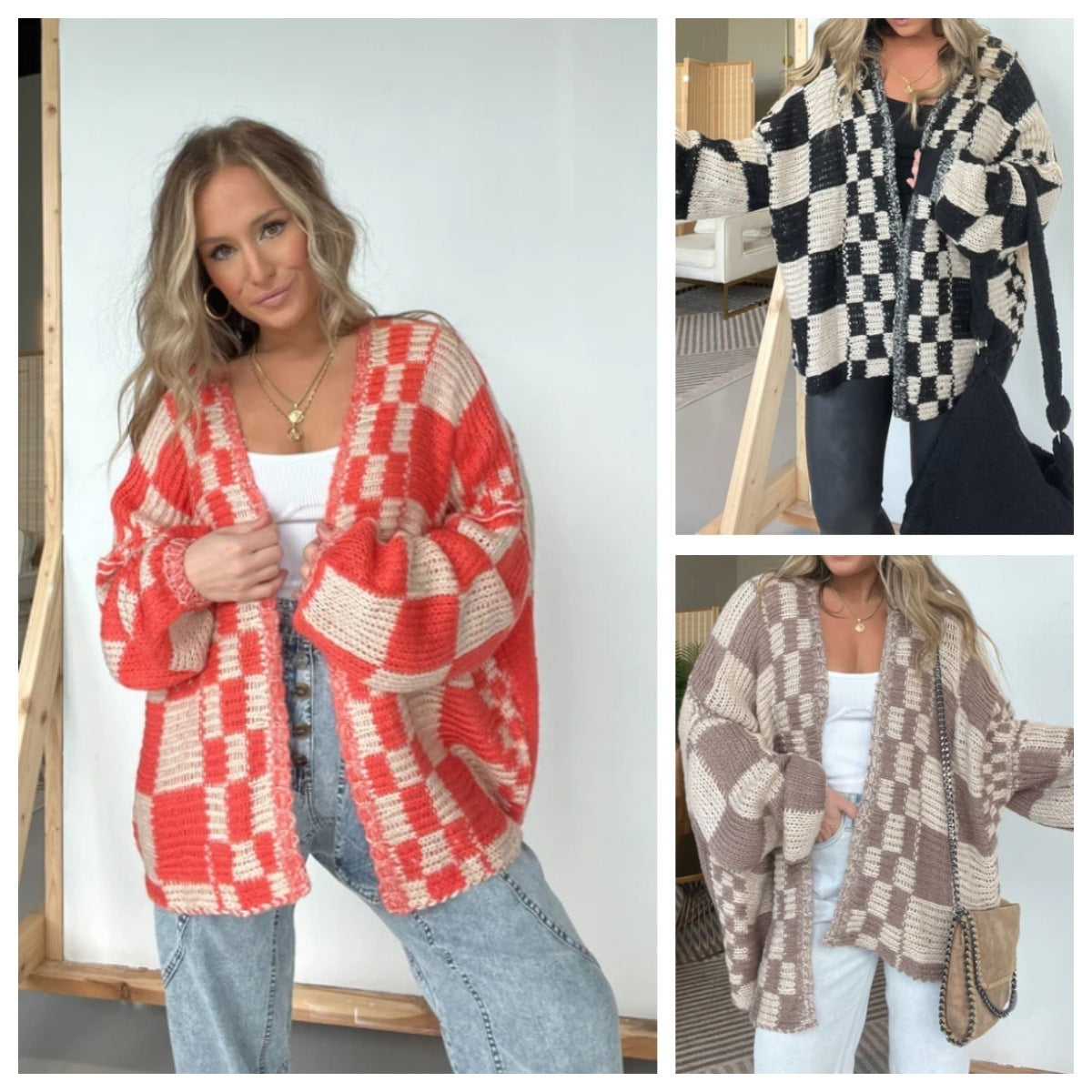 Women's Oversized Drop-shoulder Plaid Cardigan Sweater