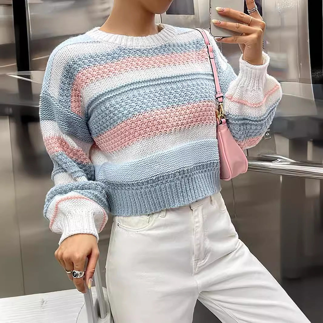 Spring And Autumn New Contrast Color Women's Striped Elegant Fashion Women's Knitted Pullover