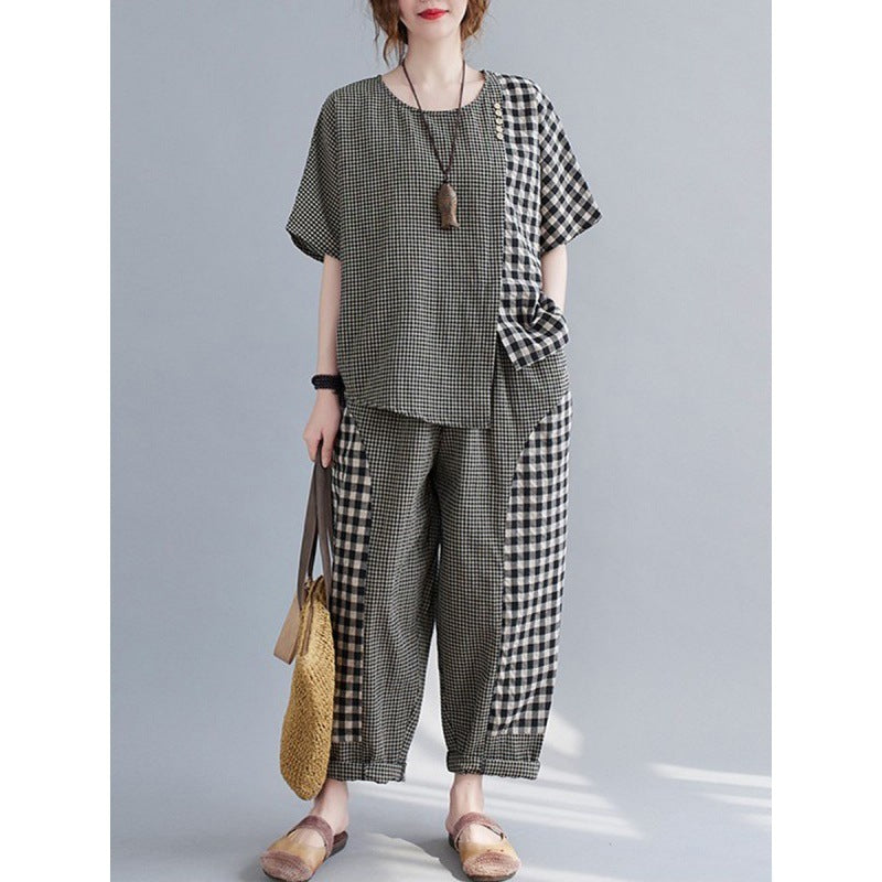 Short-sleeved Top Plus Size Cotton And Linen Trousers Two-piece Set