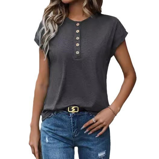 Buttons Short Sleeve Casual Ladies T-shirt