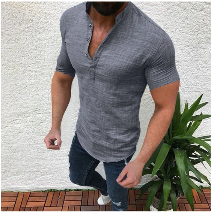 Men's Linen Button Loose Short Sleeve Top Solid Color Shirt