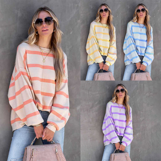 Women's Fashion Striped Printed Long Sleeve Casual Loose Top