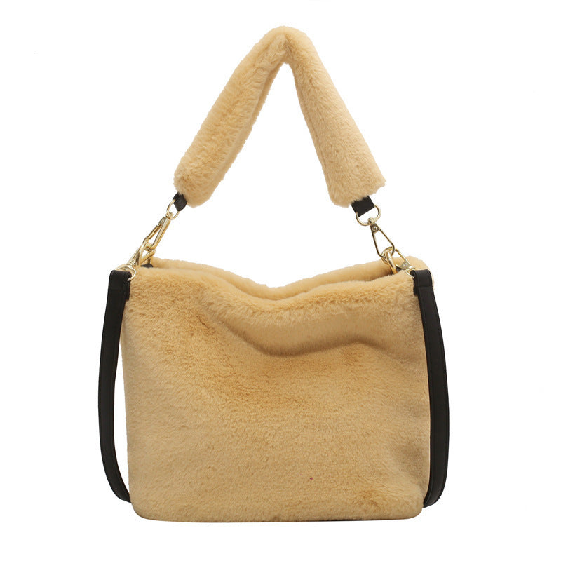 Fashion Solid Color Plush Portable Bucket Bag