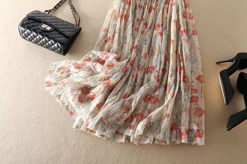 High Waist Floral Gauzy Pleated Mid-length Skirt