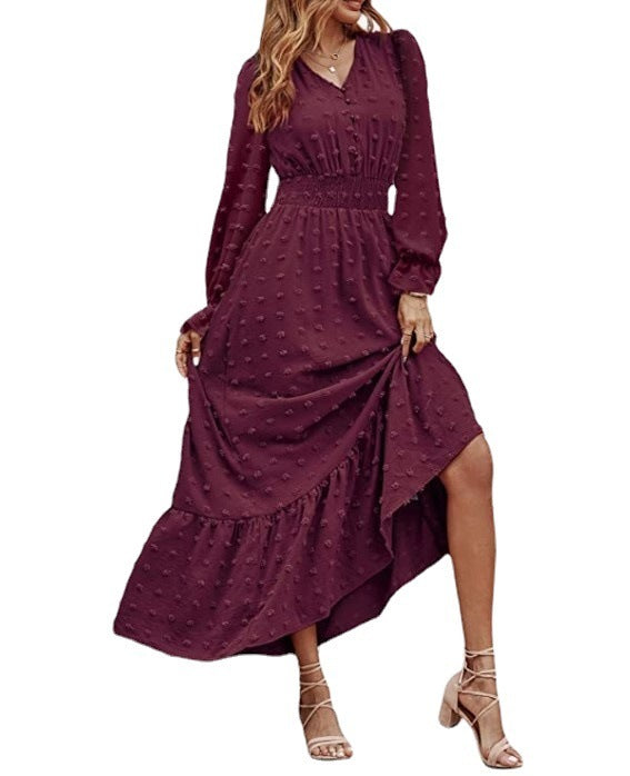 Women's Solid Textured Long sleeved boho style dress