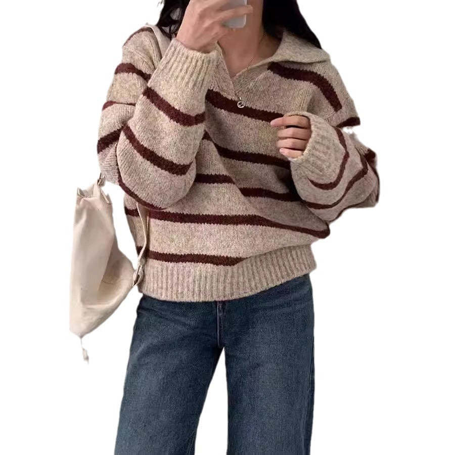 Fall And Winter Lapels Contrast Color Striped Pullover Sweater Long Sleeve Loose Casual Knitted Top For Women