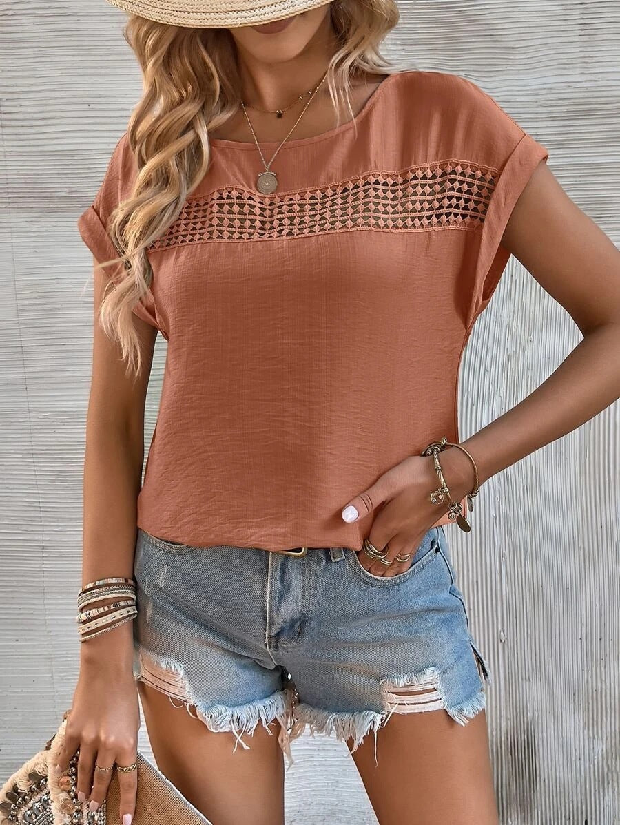 Women's Summer New Casual Solid Color Stitching Lace Top