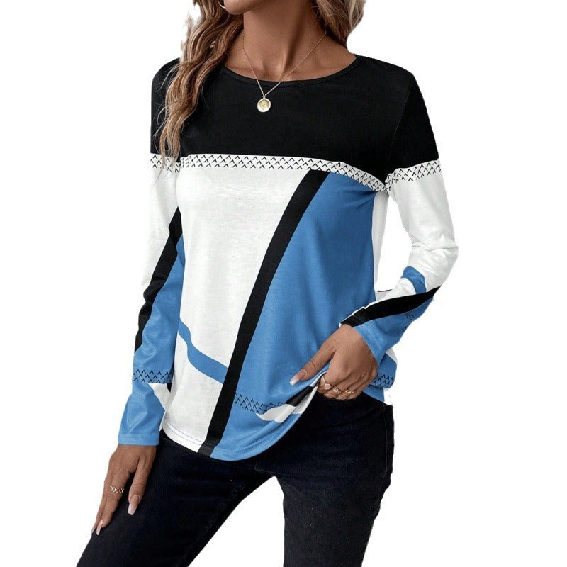 Pullover Round Neck Contrast Color Stitching Geometric Print Top