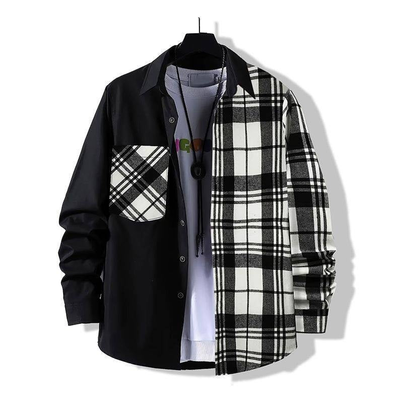 Spring Style Color-contrast Check Pocket Plaid Long Sleeve Shit Jacket