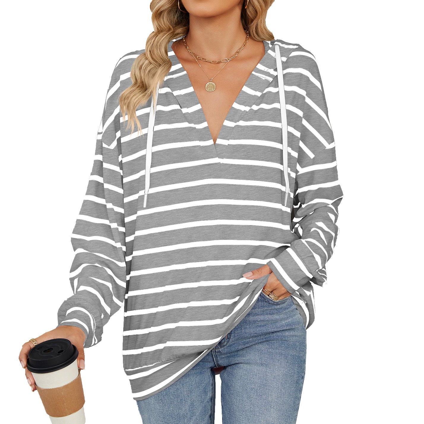 Hoodie With Drawstrings Striped Long Sleeve Top