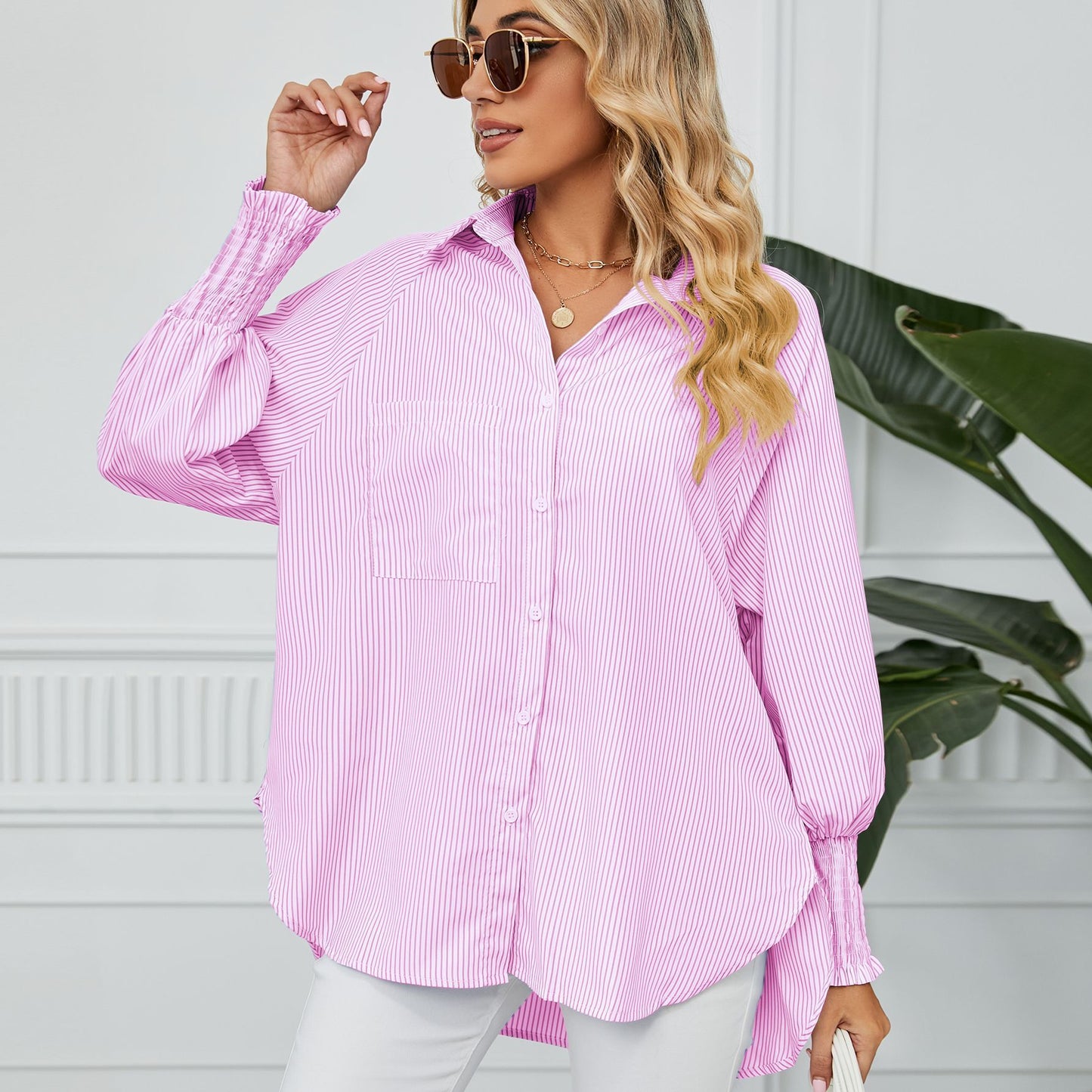 Women's Cuff Pleating Loose Striped Shirt Top