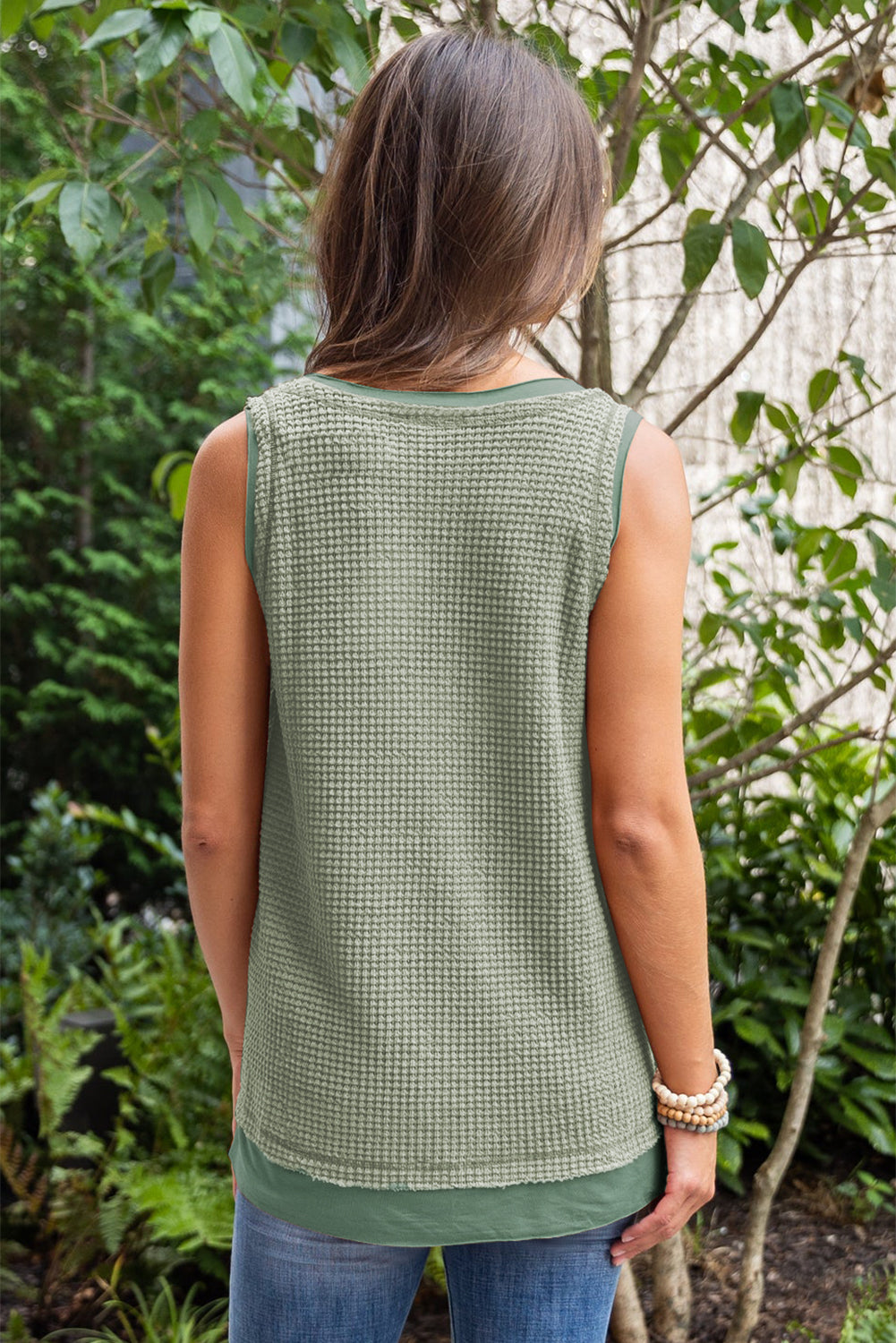 Sea Green Scoop Neck Waffle Knit Flowy Vest