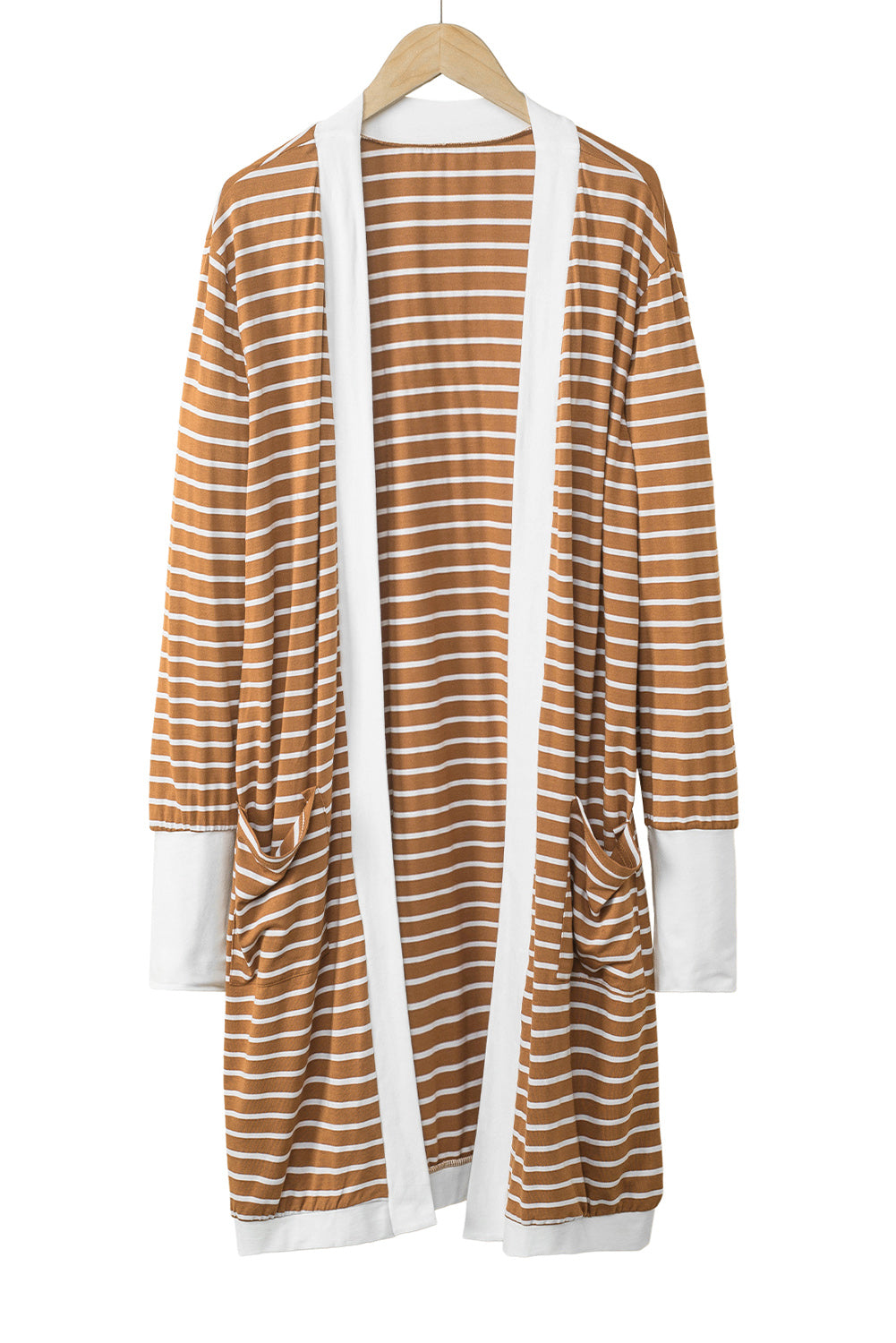 Brown Striped Side Pockets Open Front Cardigan