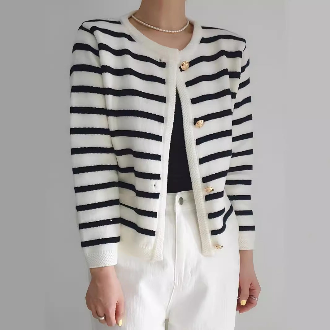 Black And White Striped Knitted Cardigan Jacket