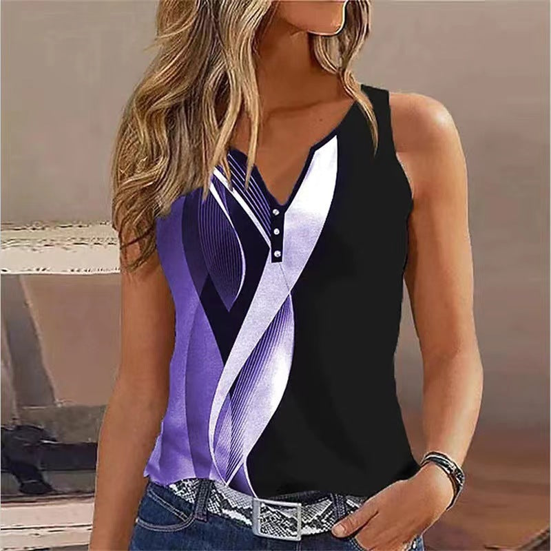 European And American V-neck Abstract Printing Sleeveless Vest Top