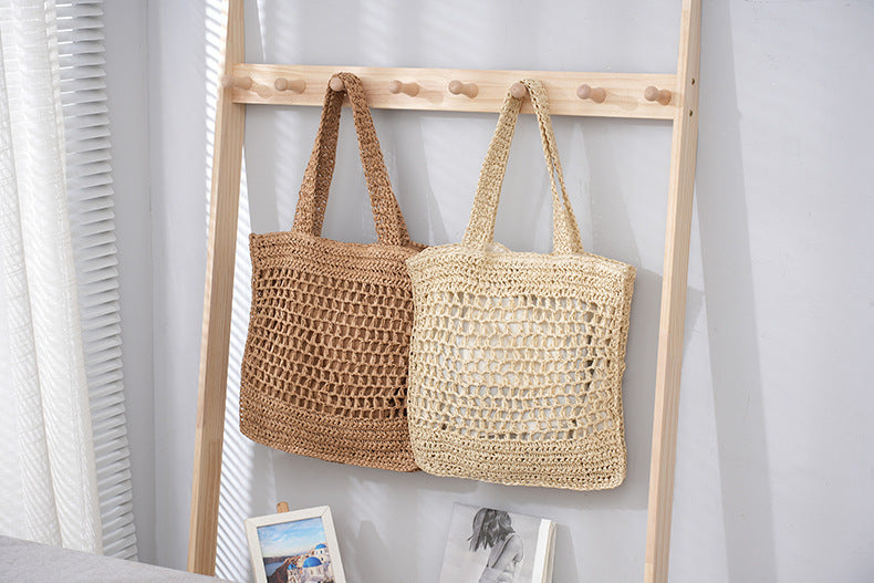 Women's Retro Artistic Beach Bag Paper String Hand-woven Beach Vacation Leisure Large Capacity Handbag