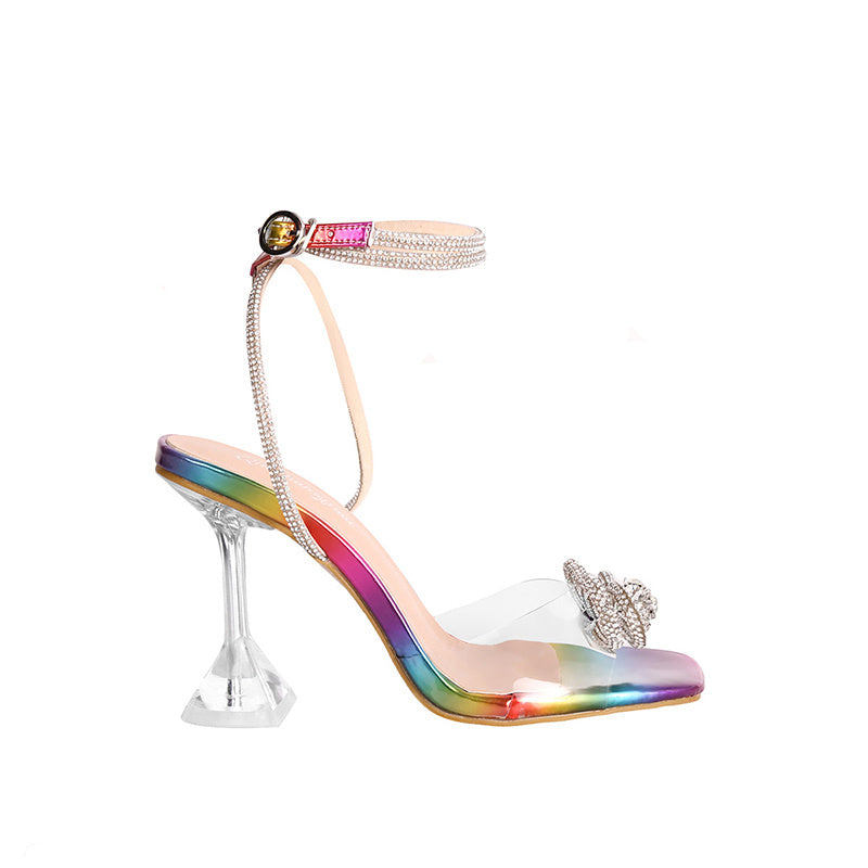 Transparent High Heel Sandals Stiletto Rhinestone Bow Shoes Party Shoes Women