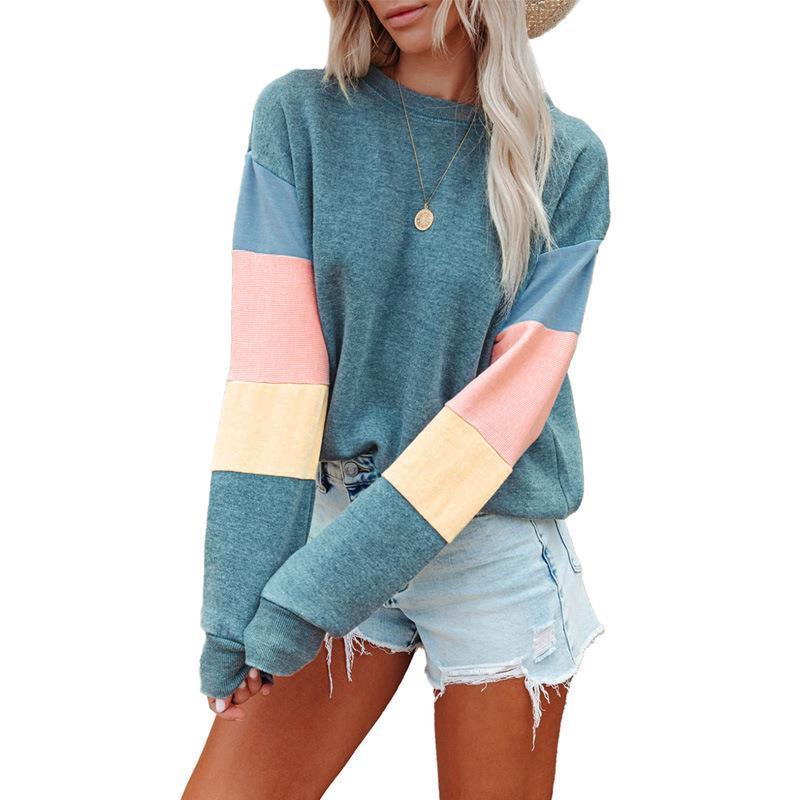 Round Neck Long Sleeve Color Contrast Long Sleeve Fashion T-shirt Women