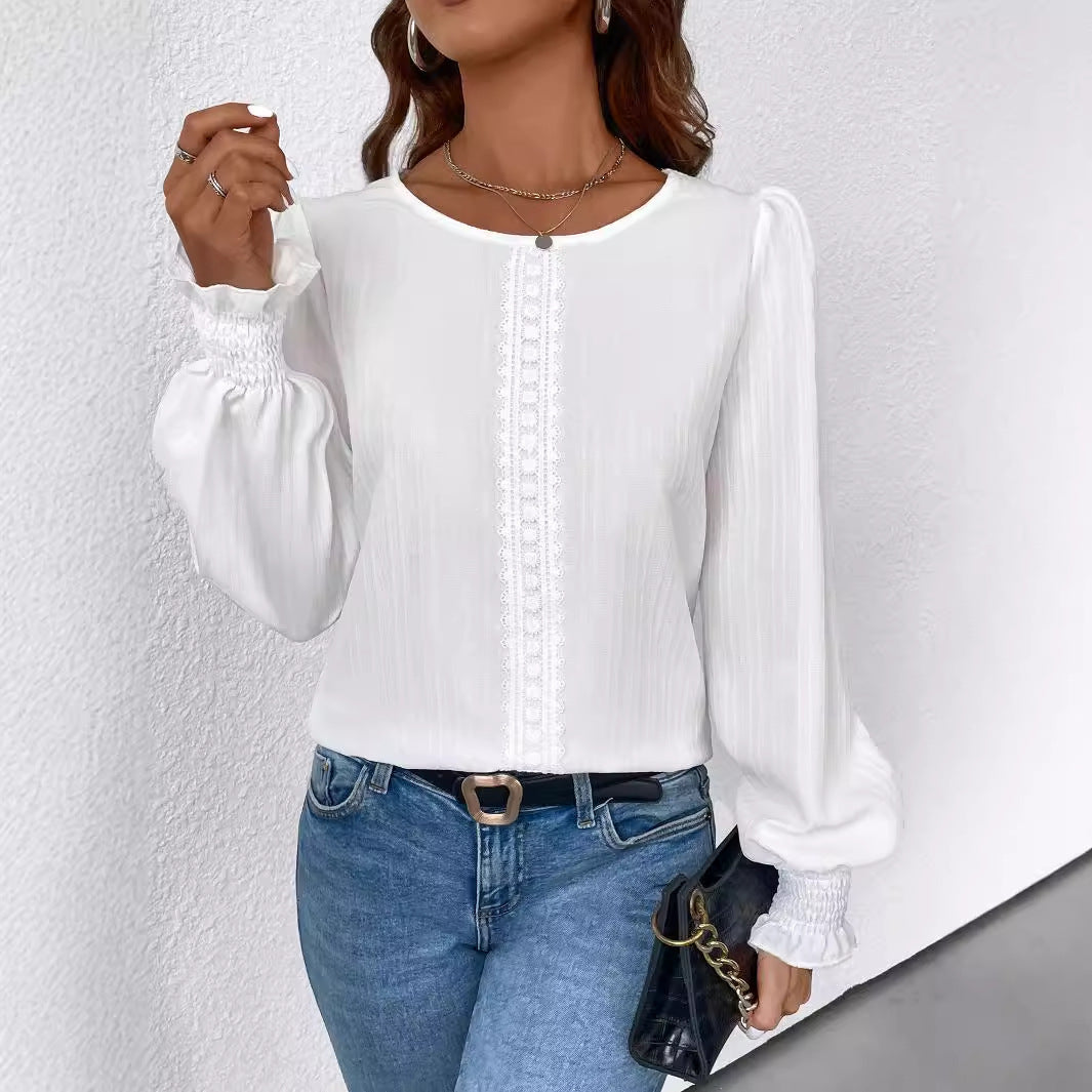 Long Sleeve Round Neck Lace Welt Versatile Slimming Top