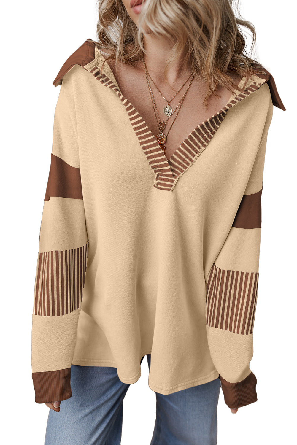 Light French Beige Striped Colorblock Patchwork Collar Sweatshirt