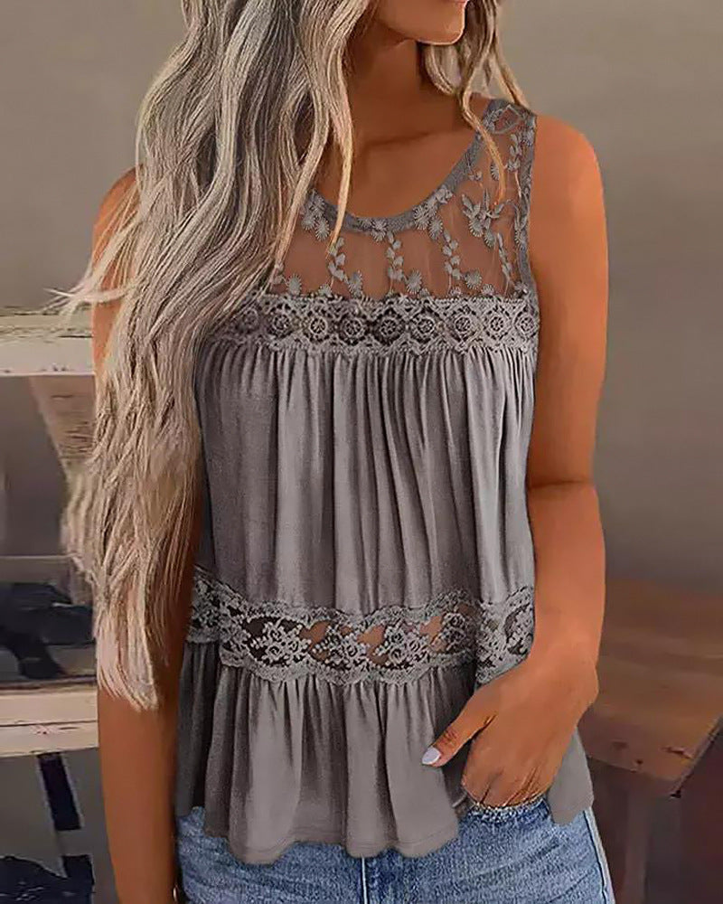 Lace Patchwork Ruffled Round Neck Vest