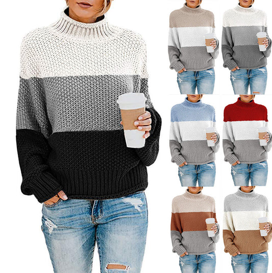 Thick Line Colorblock Turtleneck Pullover Sweater
