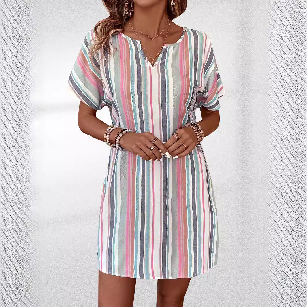 Fashion Color Striped V-neck Casual Short Sleeve Dress