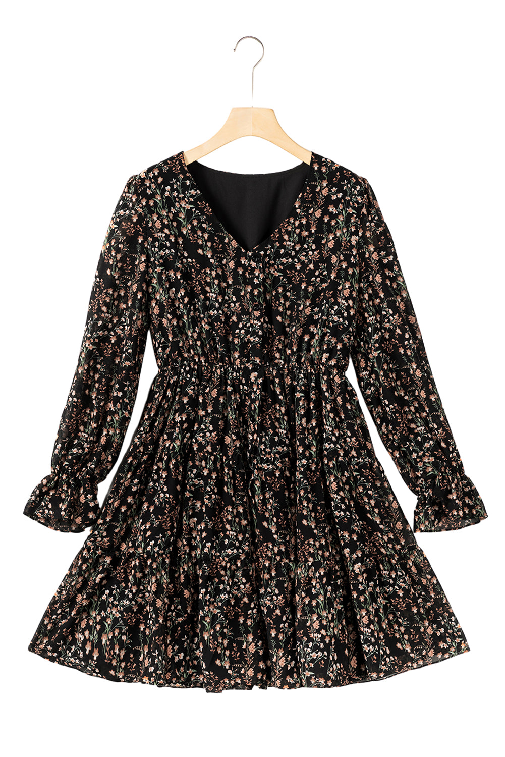 Black Floral Print V Neck Ruffled Puff Sleeve Mini Dress