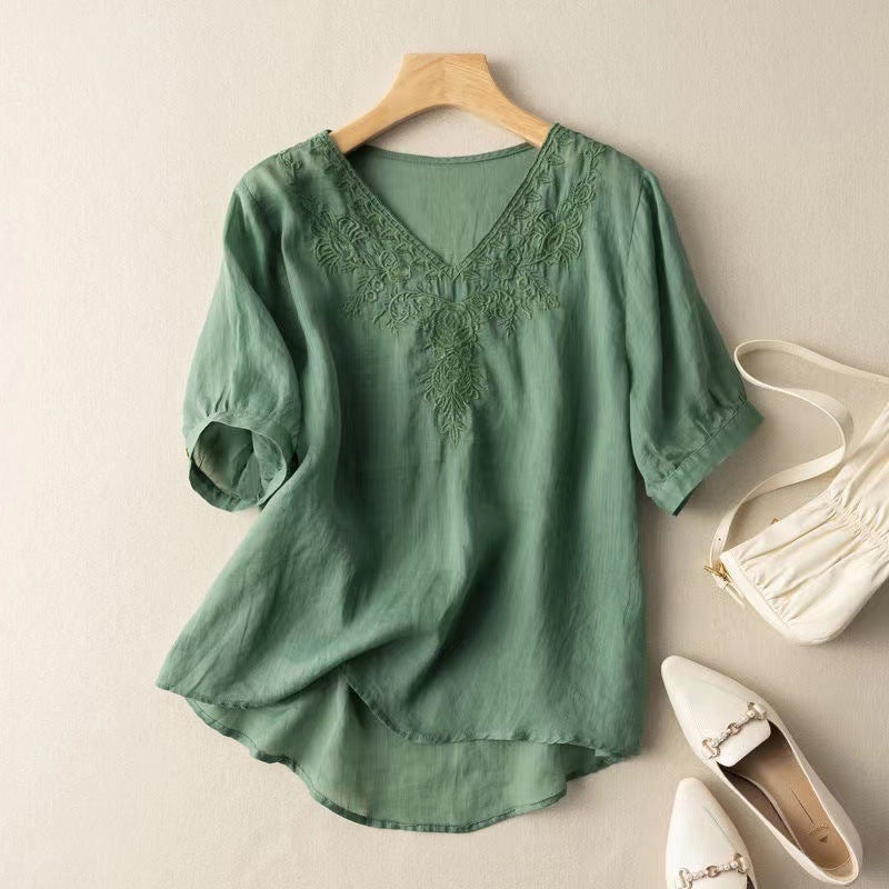 V-neck Embroidery Loose Thin Slim Fit Slim Looking Large Size Women's Wear Shirt