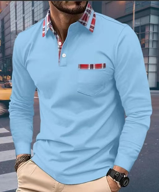 Autumn Button Pocket Men's Long Sleeve Polo Shirt