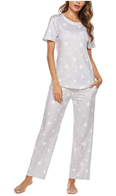 Short Sleeve Round Neck Trousers Star Print Pajamas Suit Women