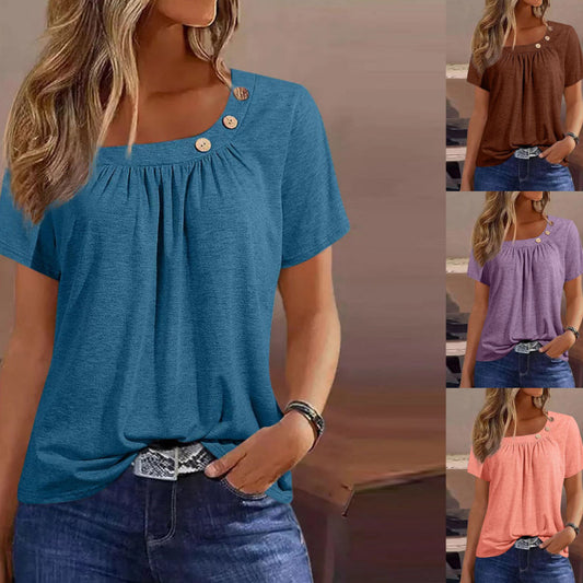 Loose Solid Color Round Neck Button Pleated Short Sleeves T-shirt