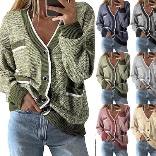 Women's V-neck Pocket Long-sleeved Knitted Cardigan Color Matching