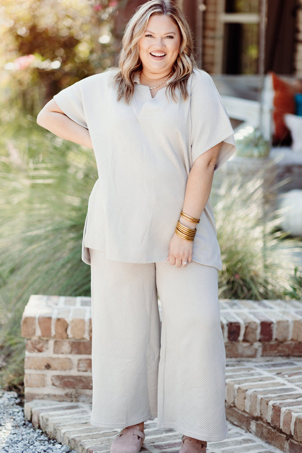 Beige Plus Size Textured Collared Top and Pants Set