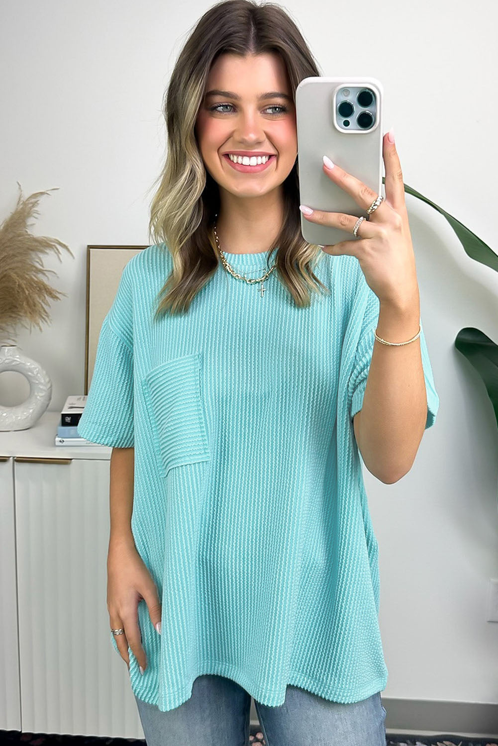 Turquoise Corded Knit Pocketed Loose Fit Top