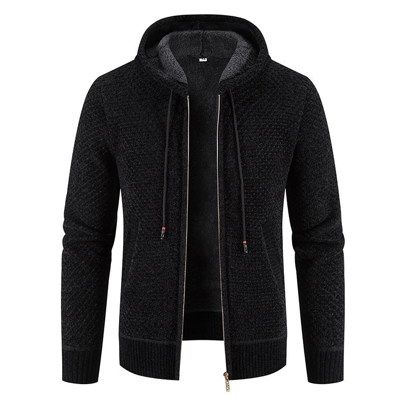 Knitwear Men's Hooded Sweater Fleece-lined Velvet-added Thickness Fleece-lined Warm Cardigan