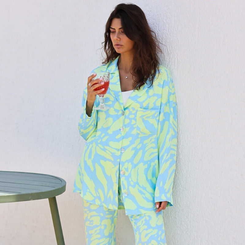 Printed Autumn And Winter Pajamas Long-sleeve Suit Loose Trousers Fashion Casual Artificial Silk Women's Home Wear