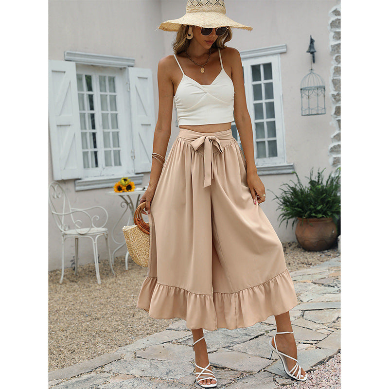 Summer Ruffle Belt Khaki Skirt Pants