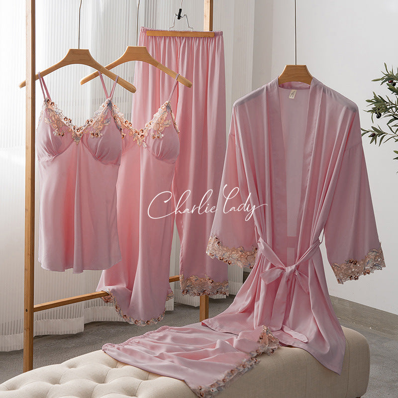 Ice Silk Sexy Slip Nightdress Silk Satin Nightgown With Chest Pad Five-piece Suit Homewear