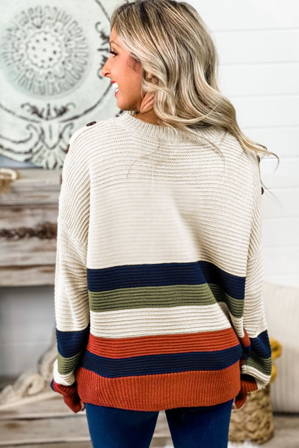 White Buttoned Shoulder Drop Shoulder Striped Sweater