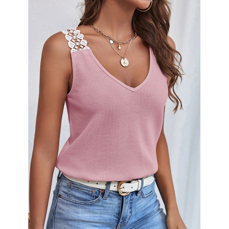 Waffle V-Neck Vest Sleeveless Lace Tank Shirt Tops Summer