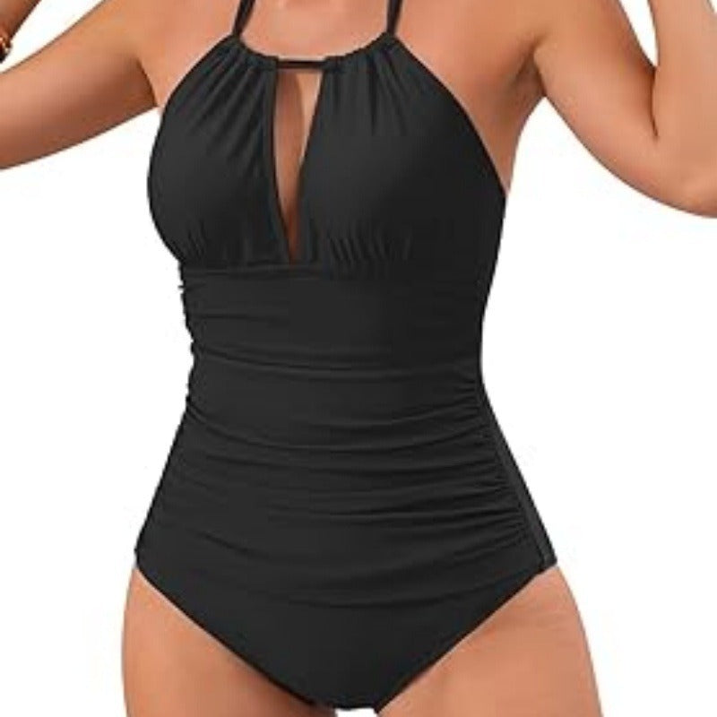 Solid Color Backless Polo Neck One Piece Swimsuit