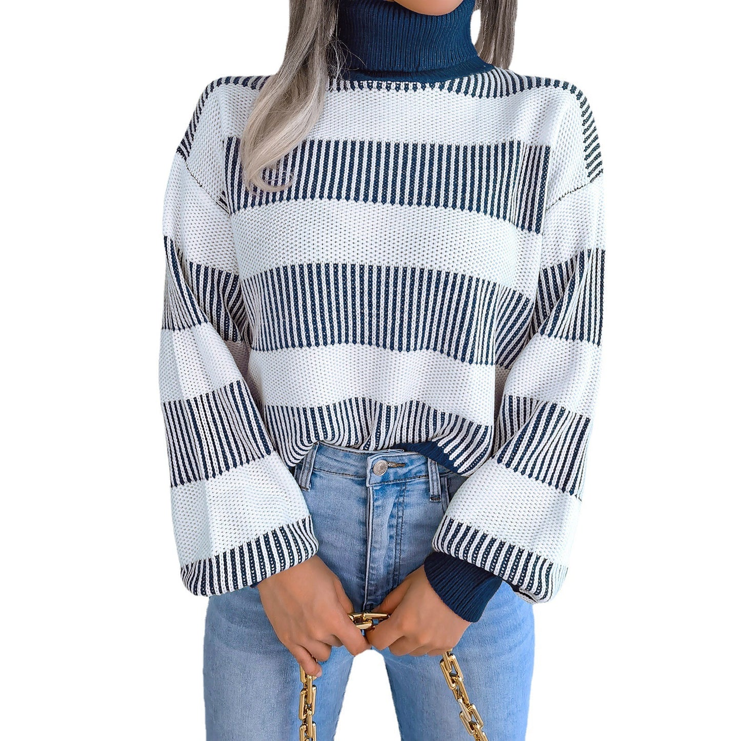 European And American Street Stripe Lantern Sleeve High Neck Bottoming Sweater