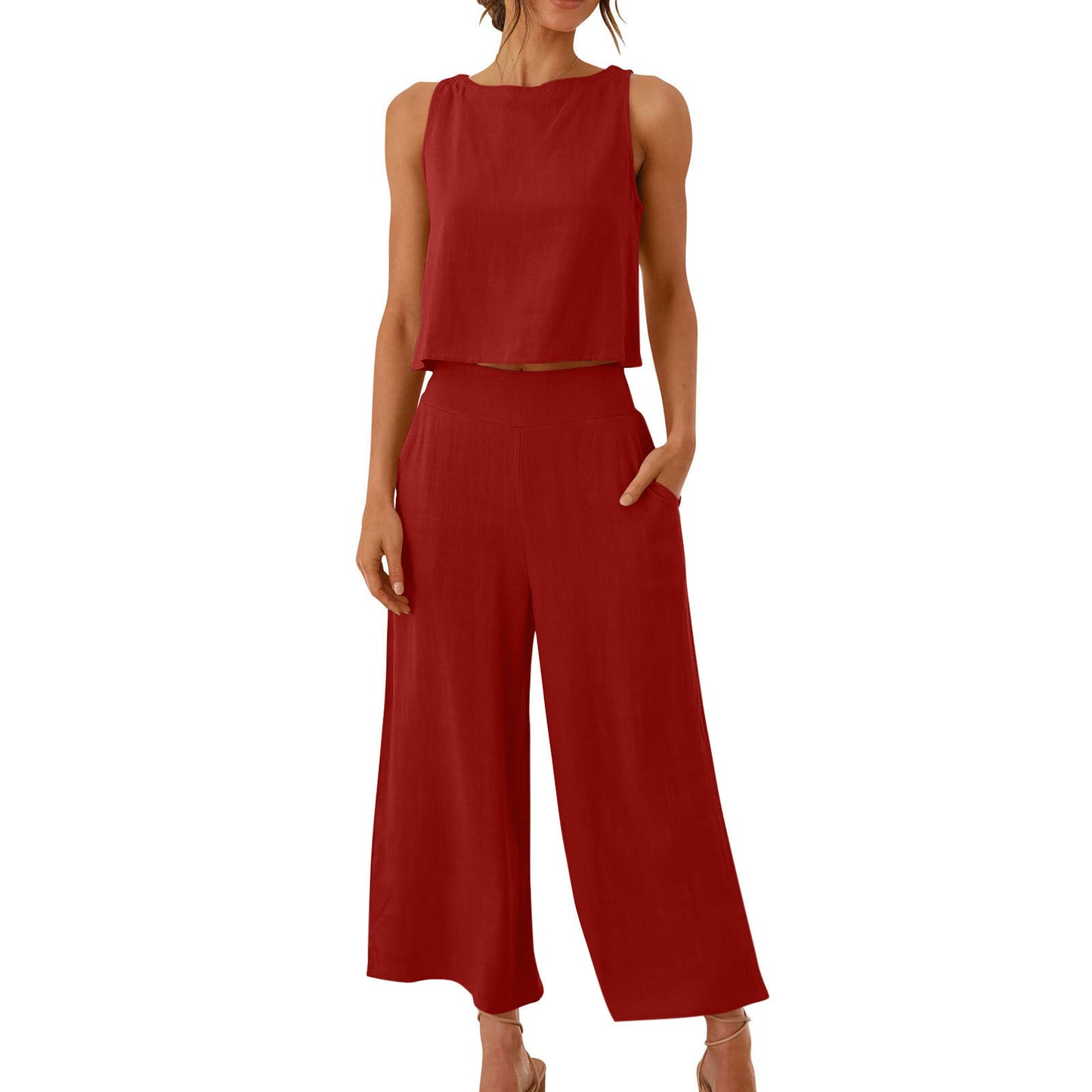 Sleeveless Vest Cropped Wide-leg Pants Suit