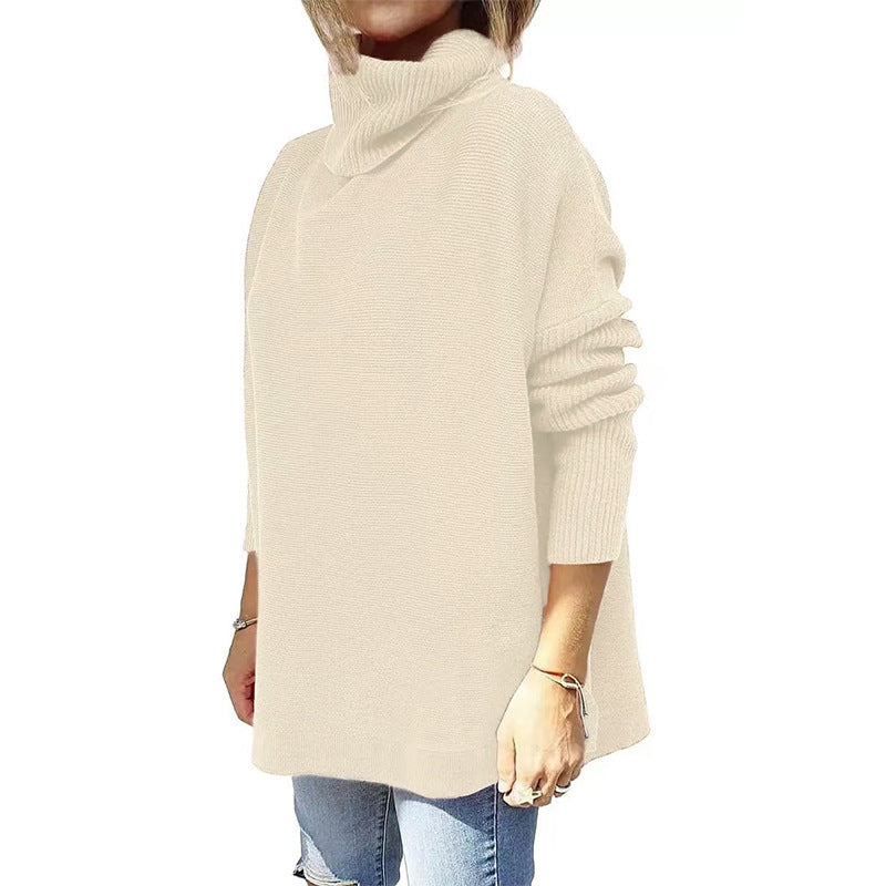 Women's Turtleneck Oversized Mid-length Batwing Split Sleeve Hem Waist Pullover Sweater