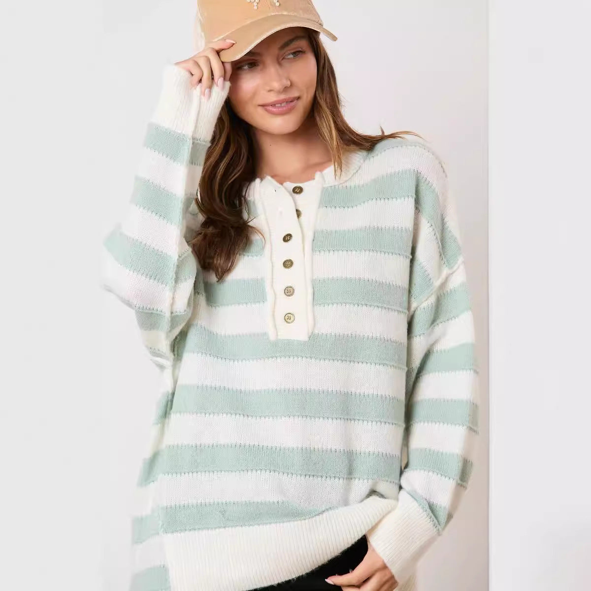 Loose Multicolor Knitted Sweater Long Sleeve Top For Women