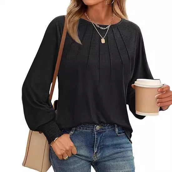 Women's Round Neck Pleated Long Sleeve Top